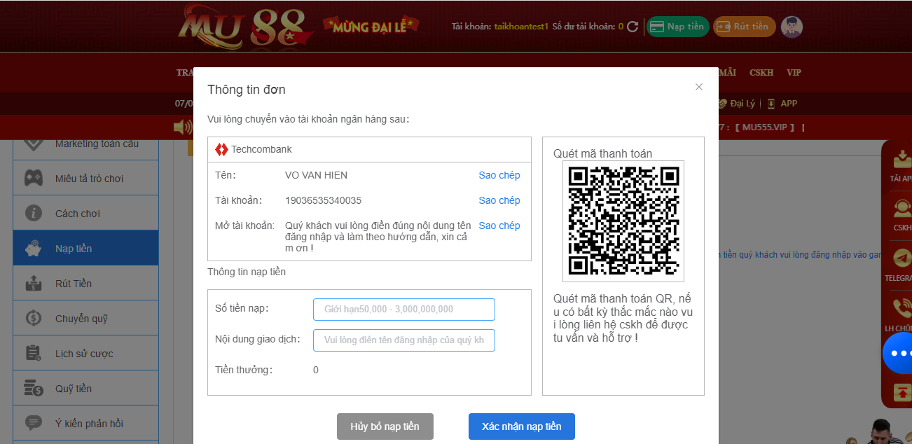 Quét mã QR để nạp tiền MU88 nhanh chóng