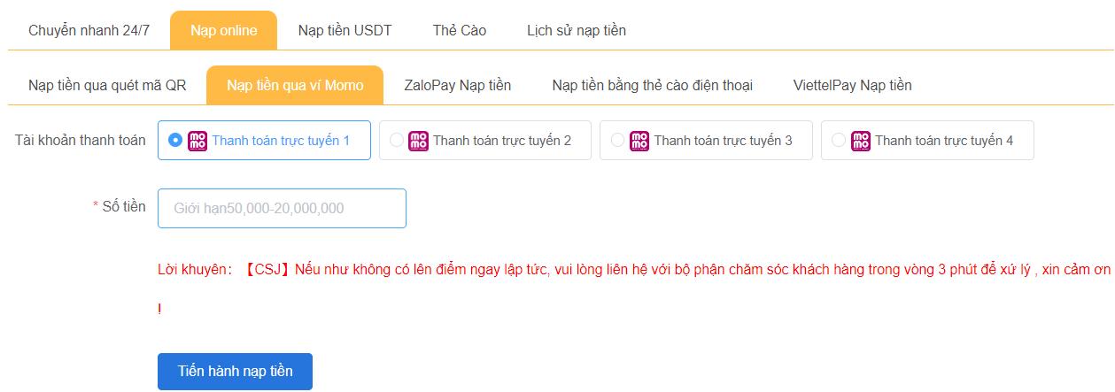 Các bước nạp tiền MU88 bằng MOMO
