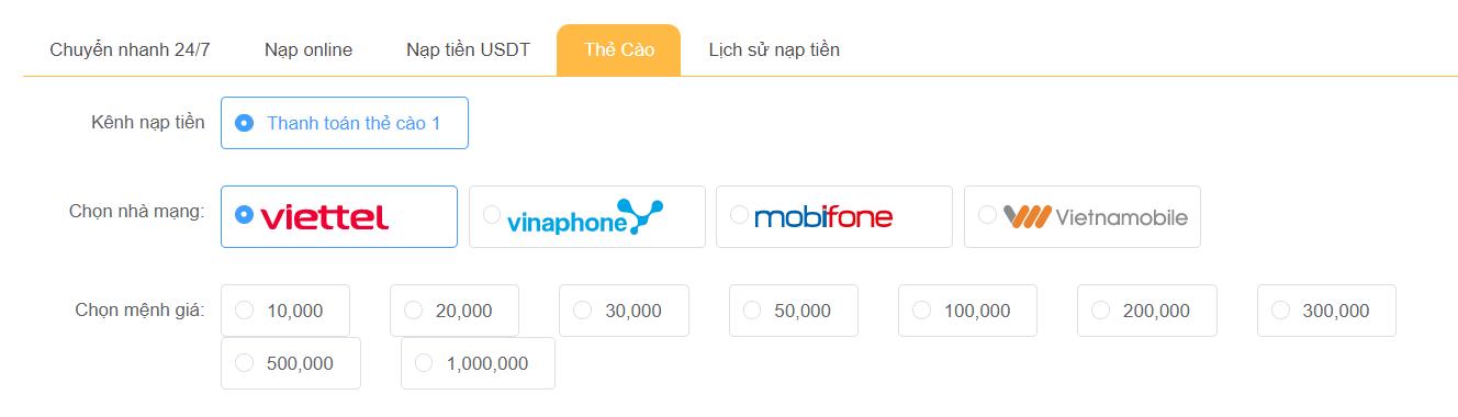 MU88 cho phép nạp tiền bằng thẻ cào nào?