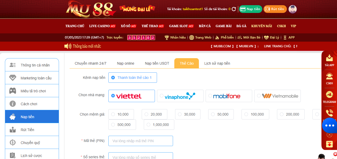Nạp tiền bằng thẻ cào tại MU88 siêu nhanh